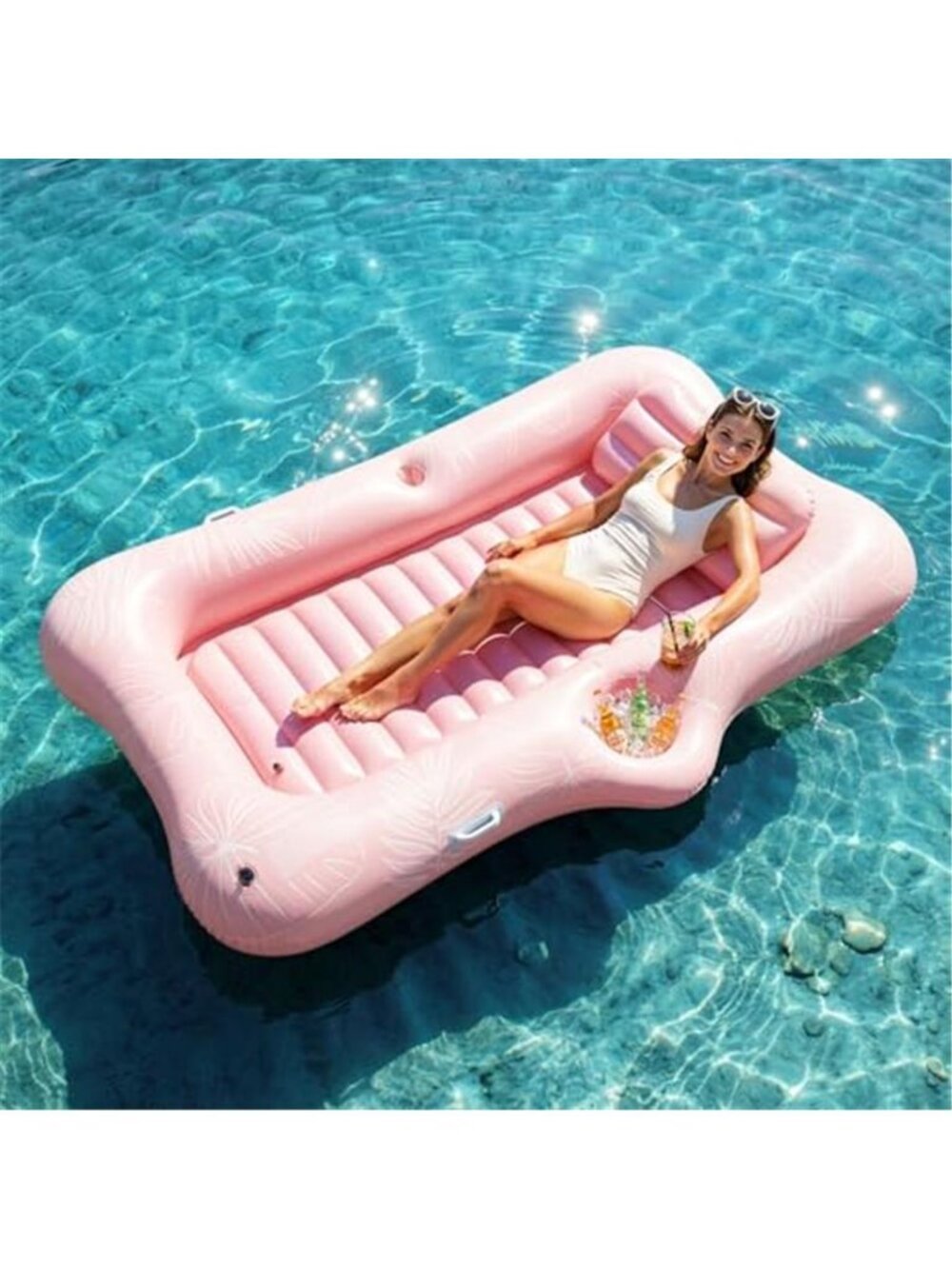 Inflatable Pool Float Tanning Lounger Suntan Tub Bed Cup Holder Pink Leaf Large